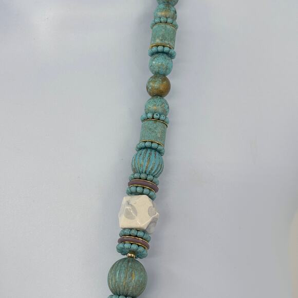 Turquoise and Ivory Bead Necklace, 28" Length, Multi-Textured, Earthy Style - Picture 3 of 6